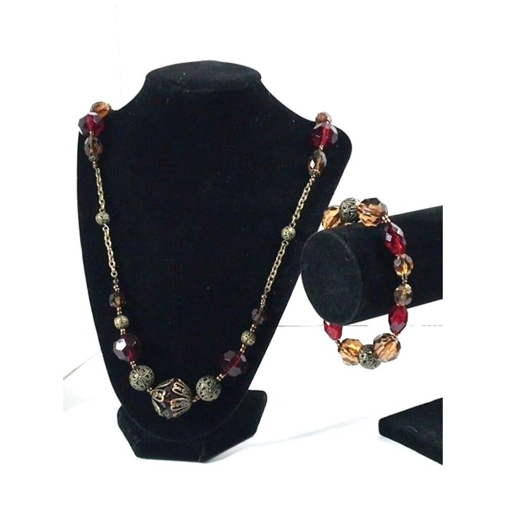 Vintage Avon Necklace and Bracelet Set Reds Oranges And Brass Clad Lucite